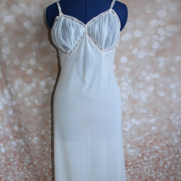 Vtg 50s Vanity Fair Powder Blue Chiffon Pleated Top & Hemline Dress Slip Size 32 - Picture 1 of 13